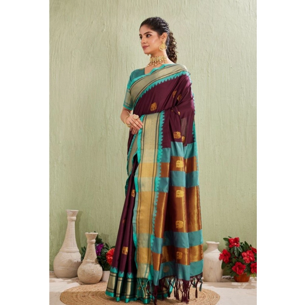 Women's Silk Blended Jaquard Woven Saree With Unstitched Blouse 5.5Mtr (Purple) - Image 3