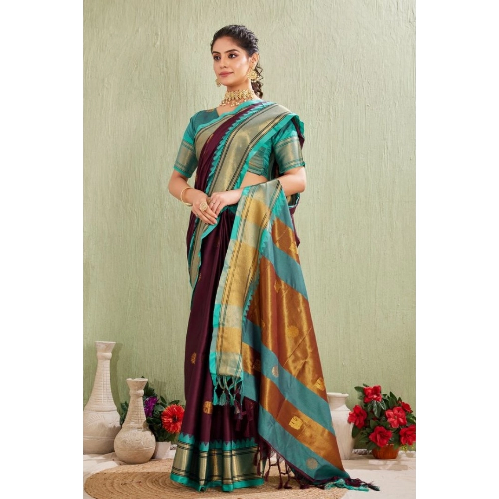 Women's Silk Blended Jaquard Woven Saree With Unstitched Blouse 5.5Mtr (Purple) - Image 4