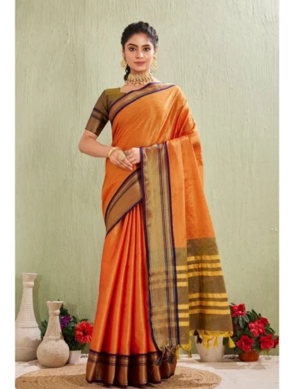 Women's Silk Blended Jaquard Woven Saree With Unstitched Blouse 5.5Mtr (Orange)