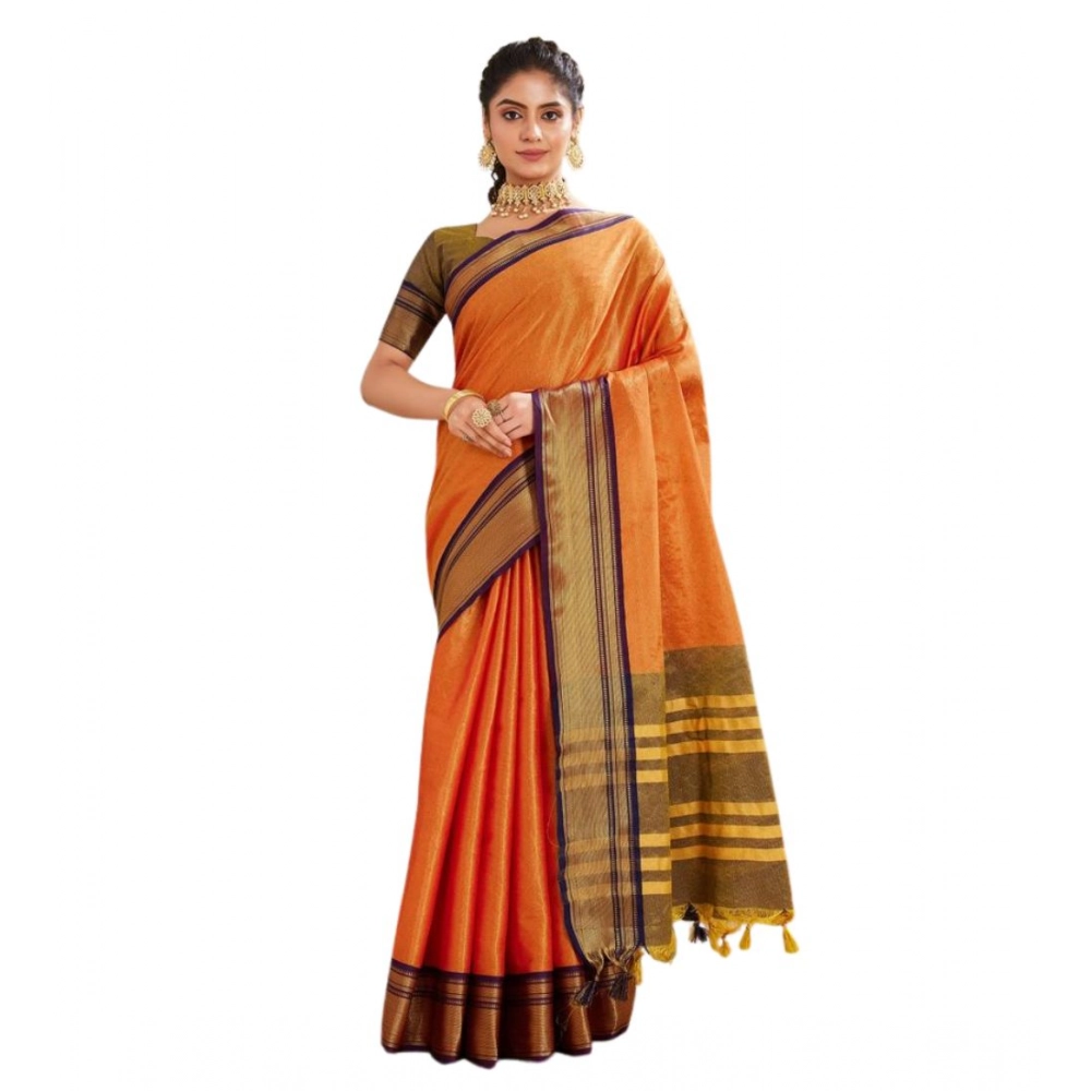 Women's Silk Blended Jaquard Woven Saree With Unstitched Blouse 5.5Mtr (Orange) - Image 5