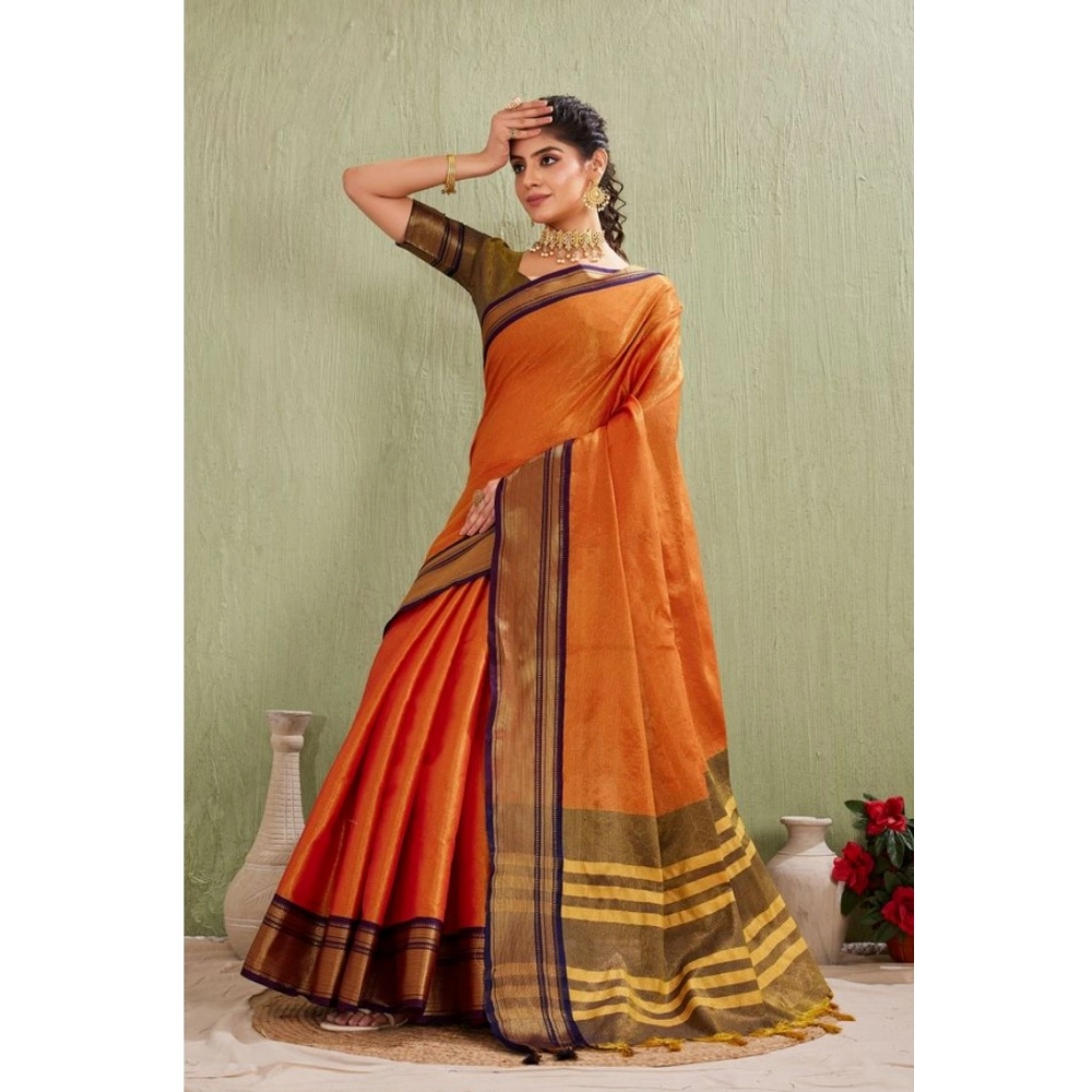 Women's Silk Blended Jaquard Woven Saree With Unstitched Blouse 5.5Mtr (Orange) - Image 4