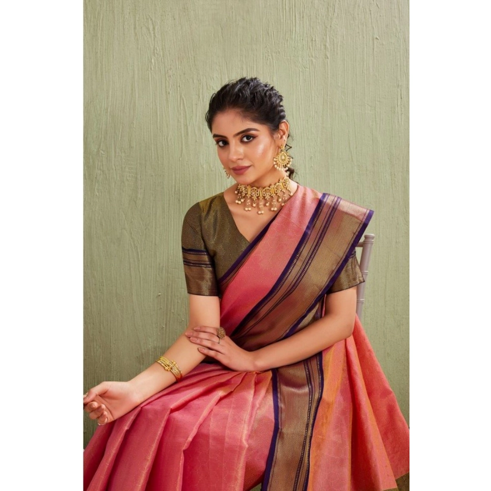 Women's Silk Blended Jaquard Woven Saree With Unstitched Blouse 5.5Mtr (Pink) - Image 4