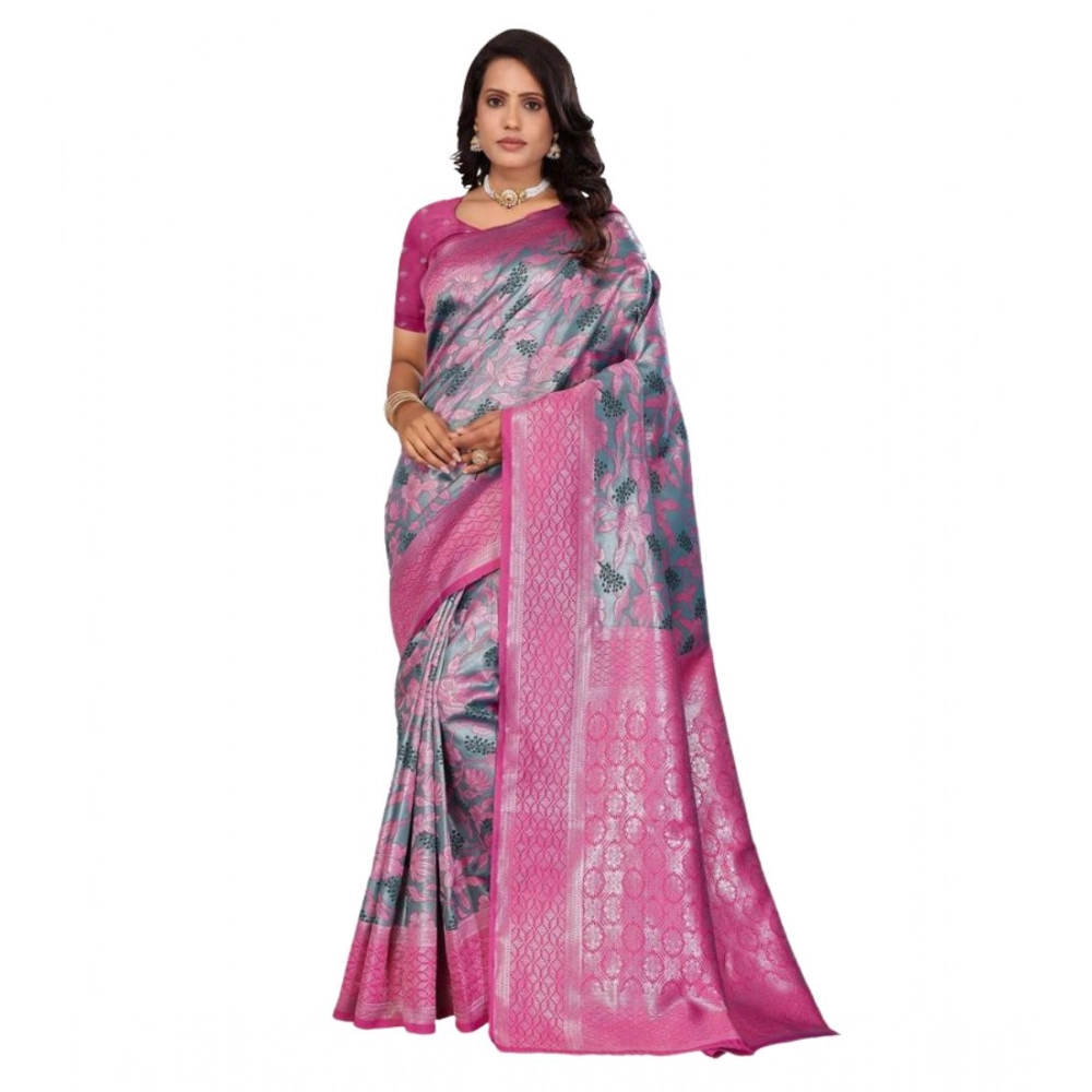 Women's Banarasi Silk Jaquard Woven Saree With Unstitched Blouse 5.5Mtr (Pink) - Image 5
