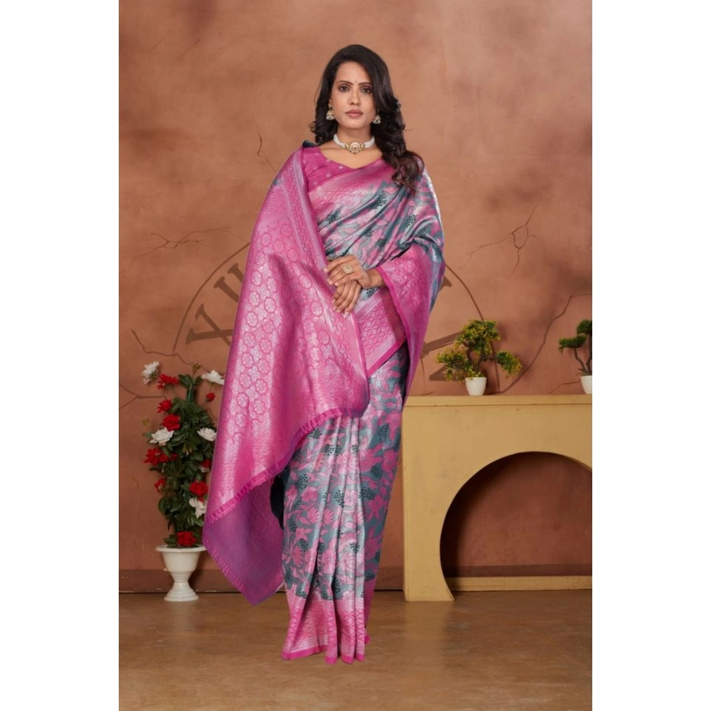 Women's Banarasi Silk Jaquard Woven Saree With Unstitched Blouse 5.5Mtr (Pink) - Image 2