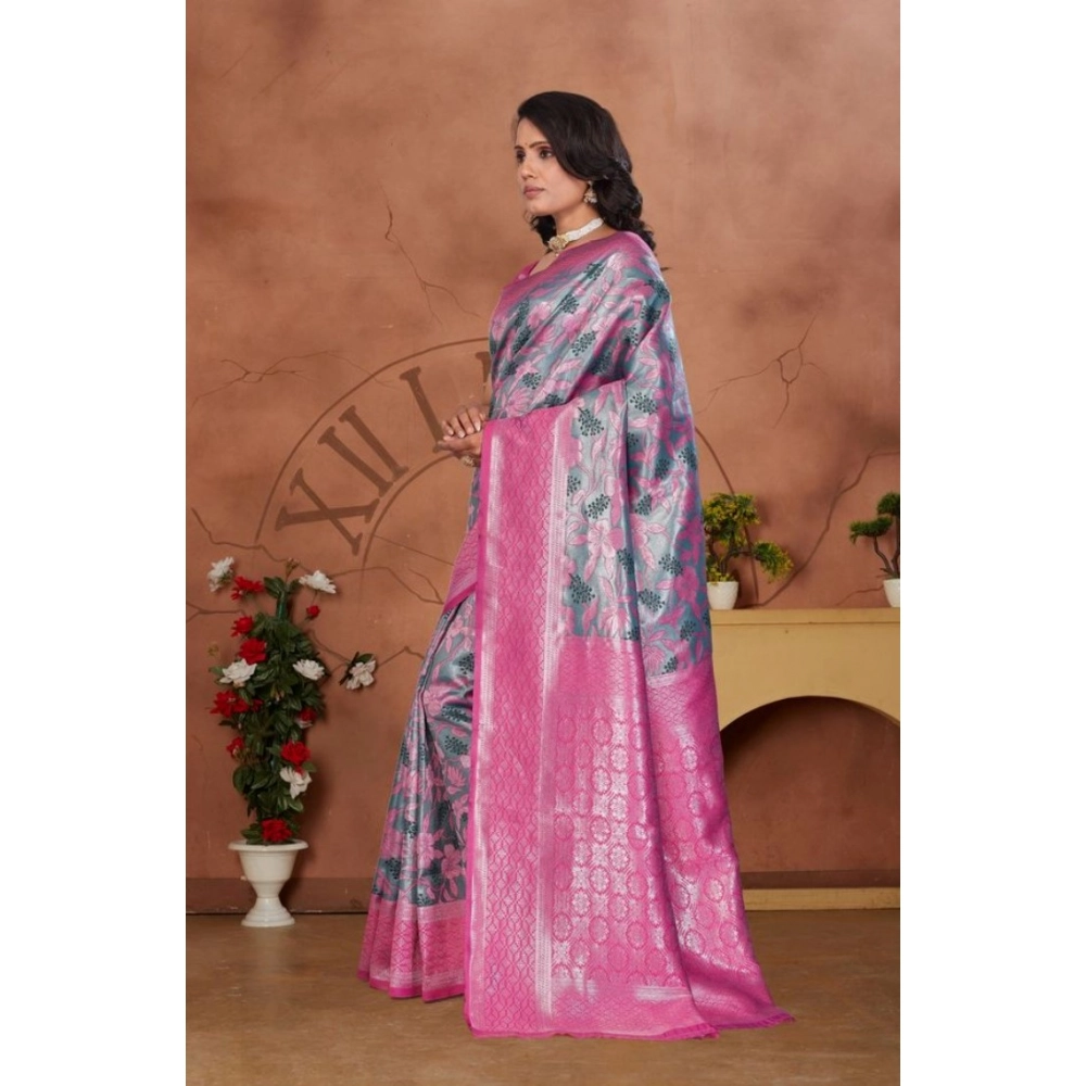 Women's Banarasi Silk Jaquard Woven Saree With Unstitched Blouse 5.5Mtr (Pink) - Image 3