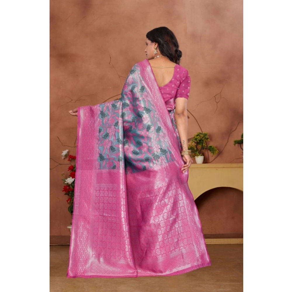 Women's Banarasi Silk Jaquard Woven Saree With Unstitched Blouse 5.5Mtr (Pink) - Image 4