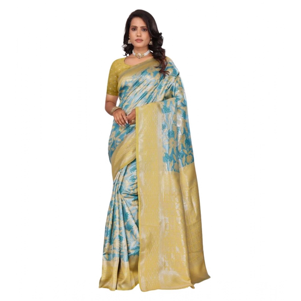 Women's Banarasi Silk Jaquard Woven Saree With Unstitched Blouse 5.5Mtr (Yellow) - Image 5