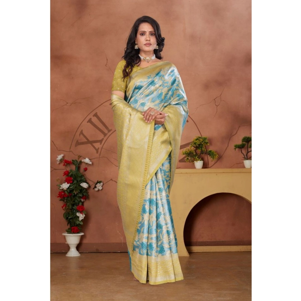 Women's Banarasi Silk Jaquard Woven Saree With Unstitched Blouse 5.5Mtr (Yellow) - Image 3