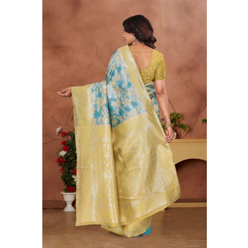 Women's Banarasi Silk Jaquard Woven Saree With Unstitched Blouse 5.5Mtr (Yellow) - Image 4