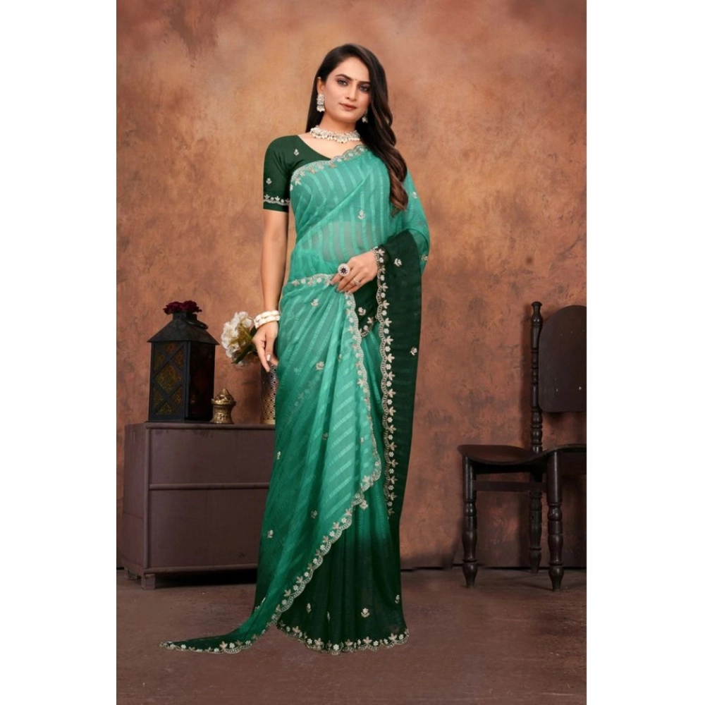 Women's Chiffon Embroidred Saree With Unstitched Blouse 5.5Mtr (Dark Green) - Image 3