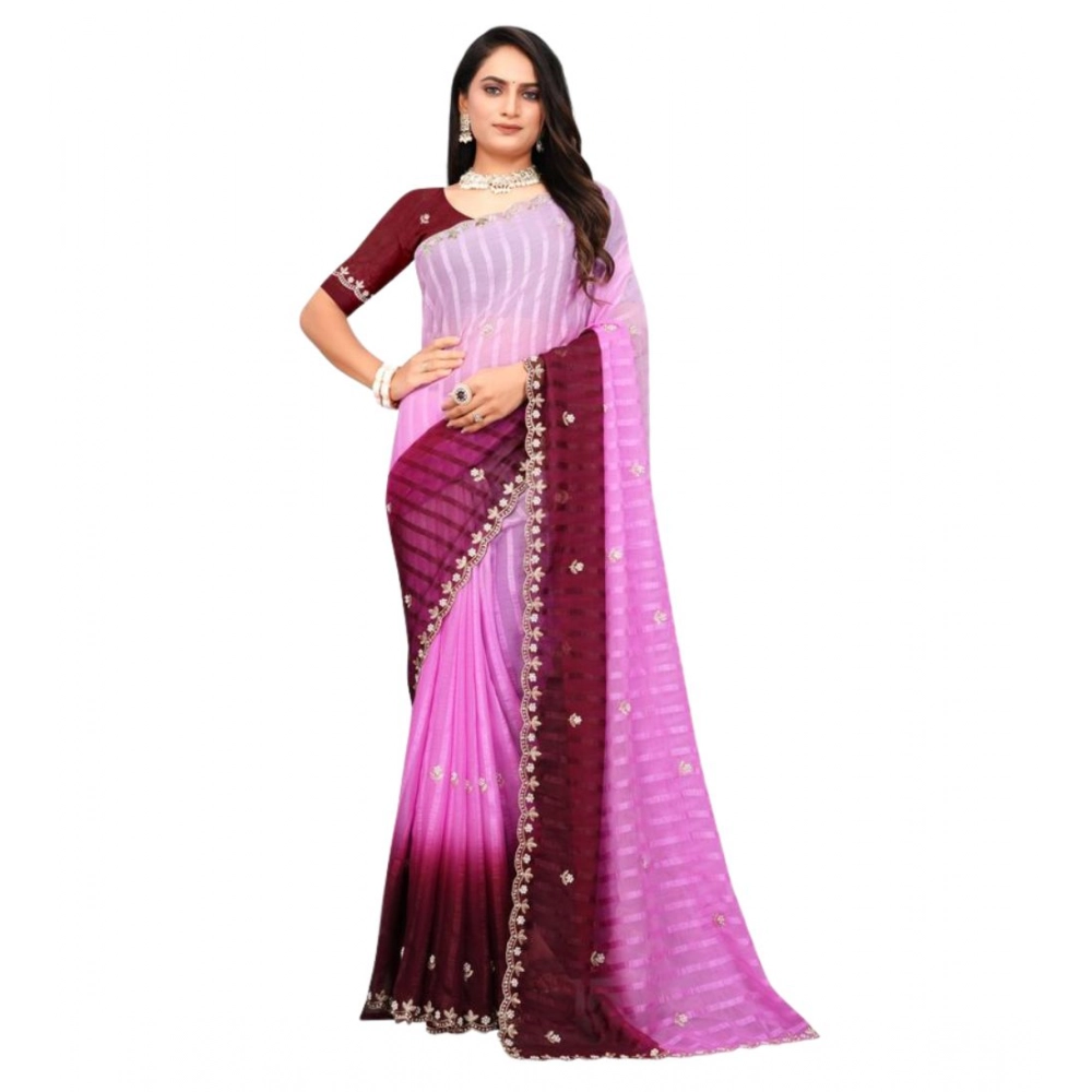 Women's Chiffon Embroidred Saree With Unstitched Blouse 5.5Mtr (Pink) - Image 5