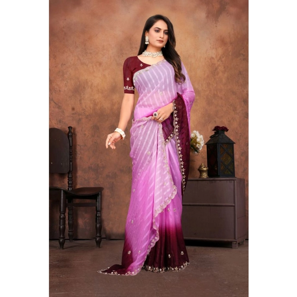 Women's Chiffon Embroidred Saree With Unstitched Blouse 5.5Mtr (Pink) - Image 3