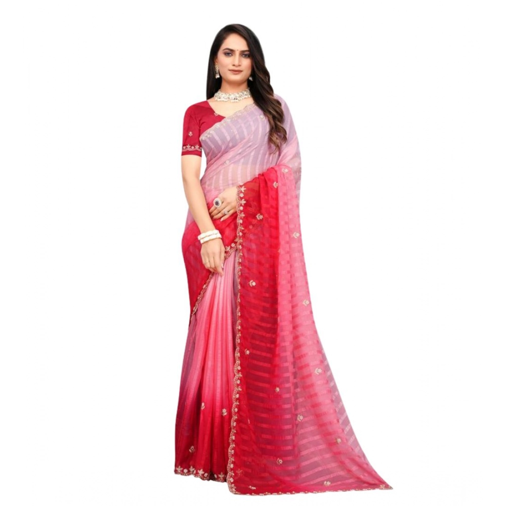 Women's Chiffon Embroidred Saree With Unstitched Blouse 5.5Mtr (Pink) - Image 5