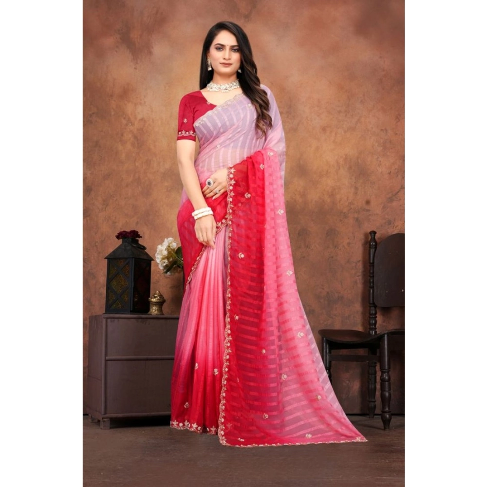 Women's Chiffon Embroidred Saree With Unstitched Blouse 5.5Mtr (Pink) - Image 2