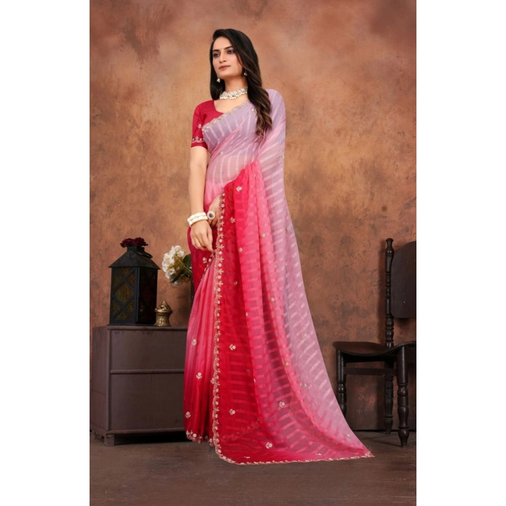 Women's Chiffon Embroidred Saree With Unstitched Blouse 5.5Mtr (Pink) - Image 3