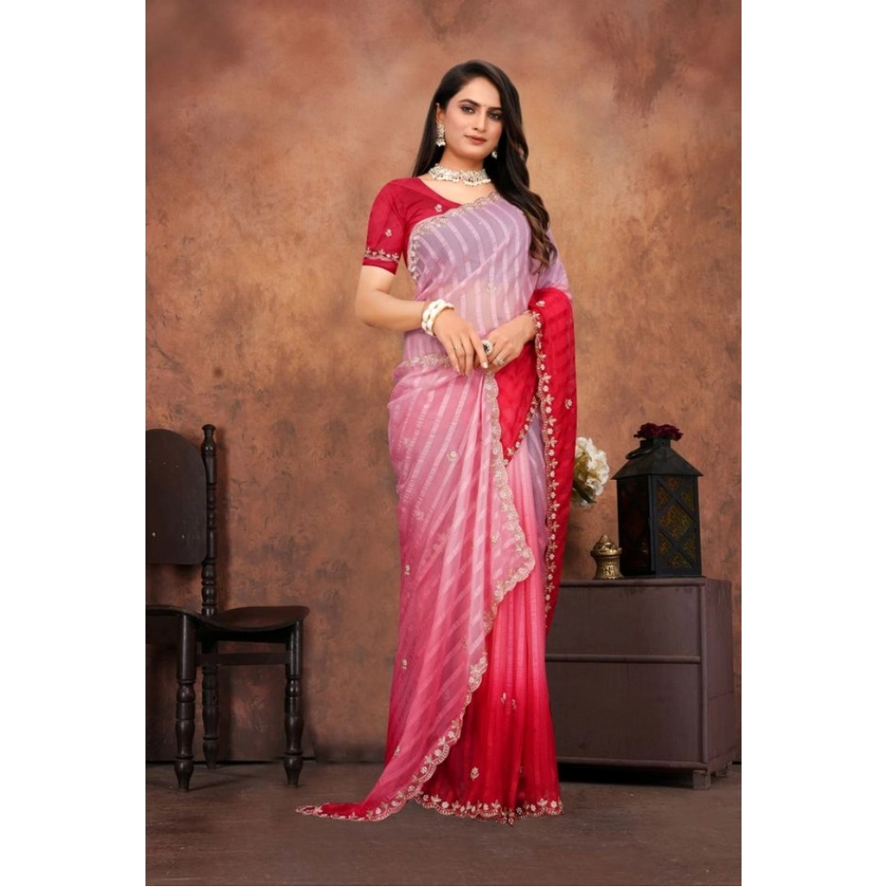 Women's Chiffon Embroidred Saree With Unstitched Blouse 5.5Mtr (Pink) - Image 4