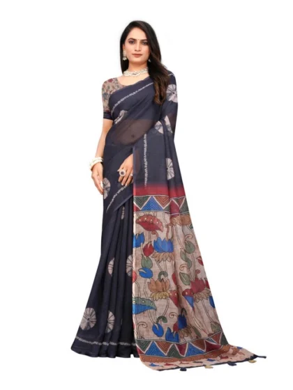 Women's Linen Printed Saree With Unstitched Blouse 5.5Mtr (Black)