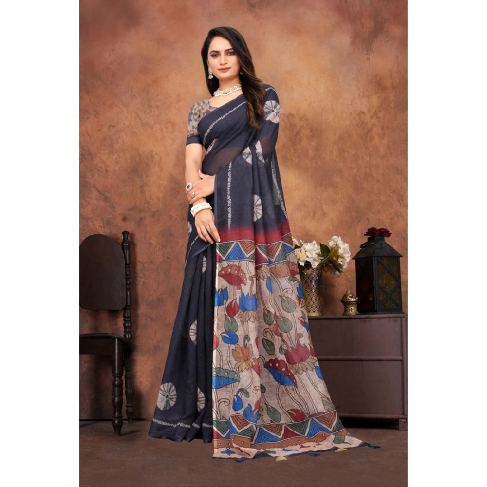 Women's Linen Printed Saree With Unstitched Blouse 5.5Mtr (Black) - Image 3
