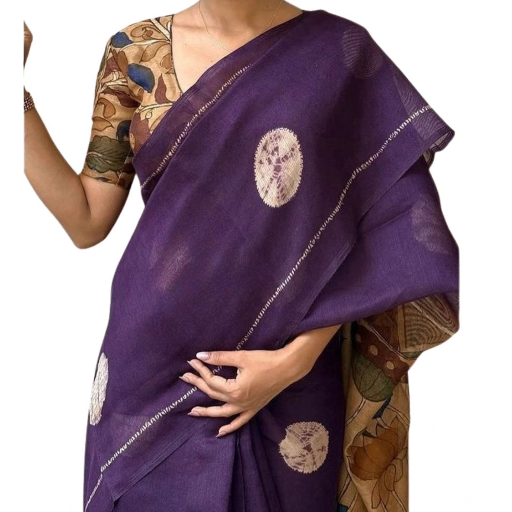 Women's Linen Printed Saree With Unstitched Blouse 5.5Mtr (Purple)