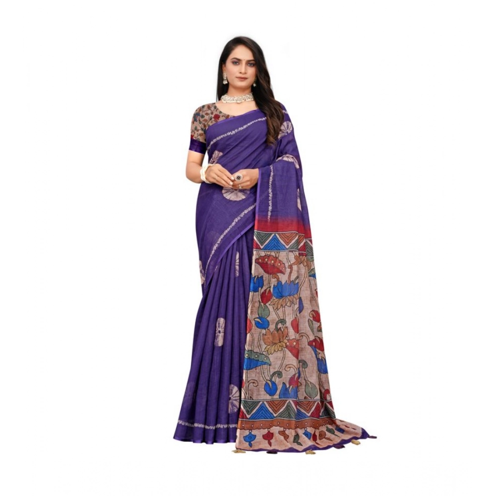 Women's Linen Printed Saree With Unstitched Blouse 5.5Mtr (Purple)