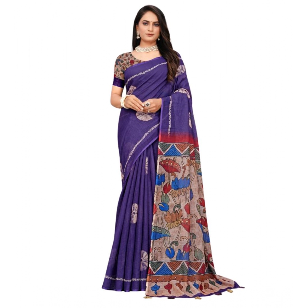 Women's Linen Printed Saree With Unstitched Blouse 5.5Mtr (Purple) - Image 5