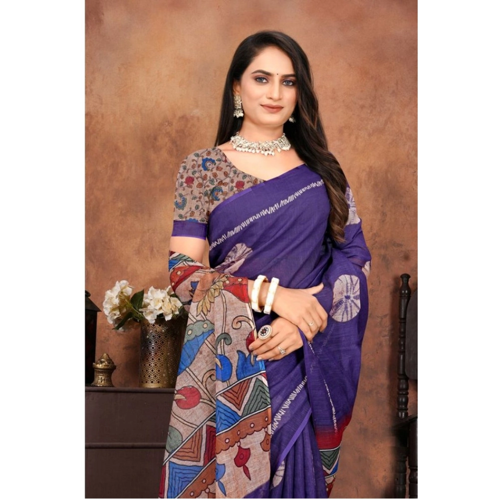 Women's Linen Printed Saree With Unstitched Blouse 5.5Mtr (Purple) - Image 4