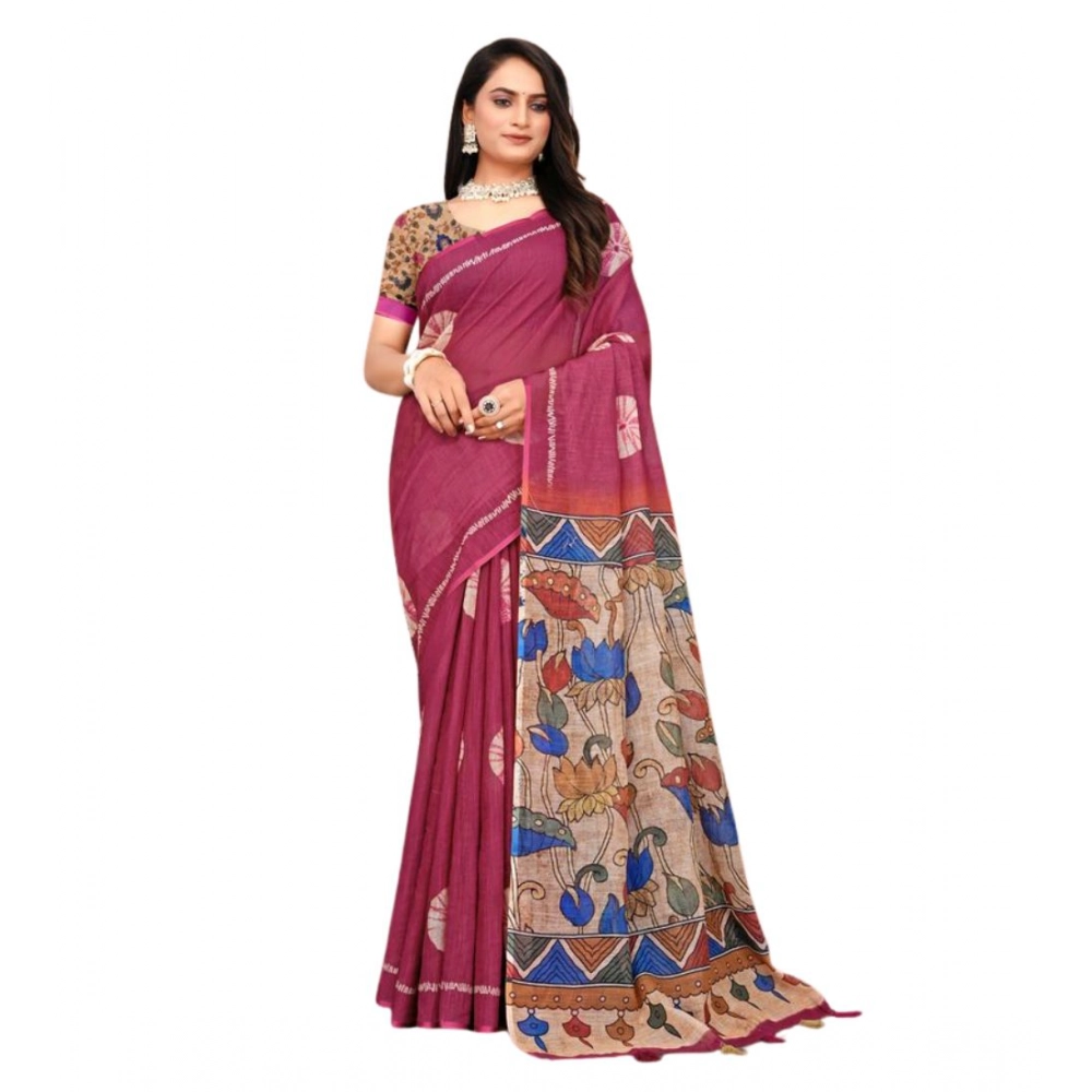 Women's Linen Printed Saree With Unstitched Blouse 5.5Mtr (Purple) - Image 5
