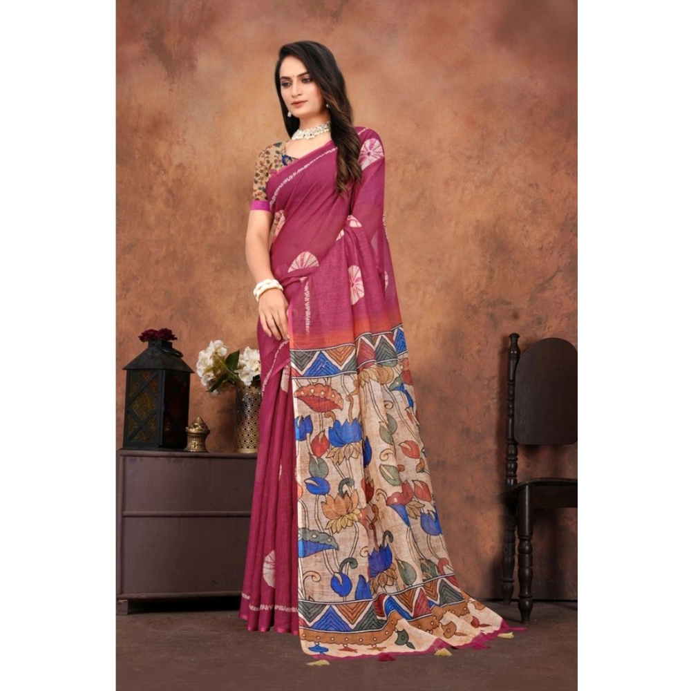 Women's Linen Printed Saree With Unstitched Blouse 5.5Mtr (Purple) - Image 2