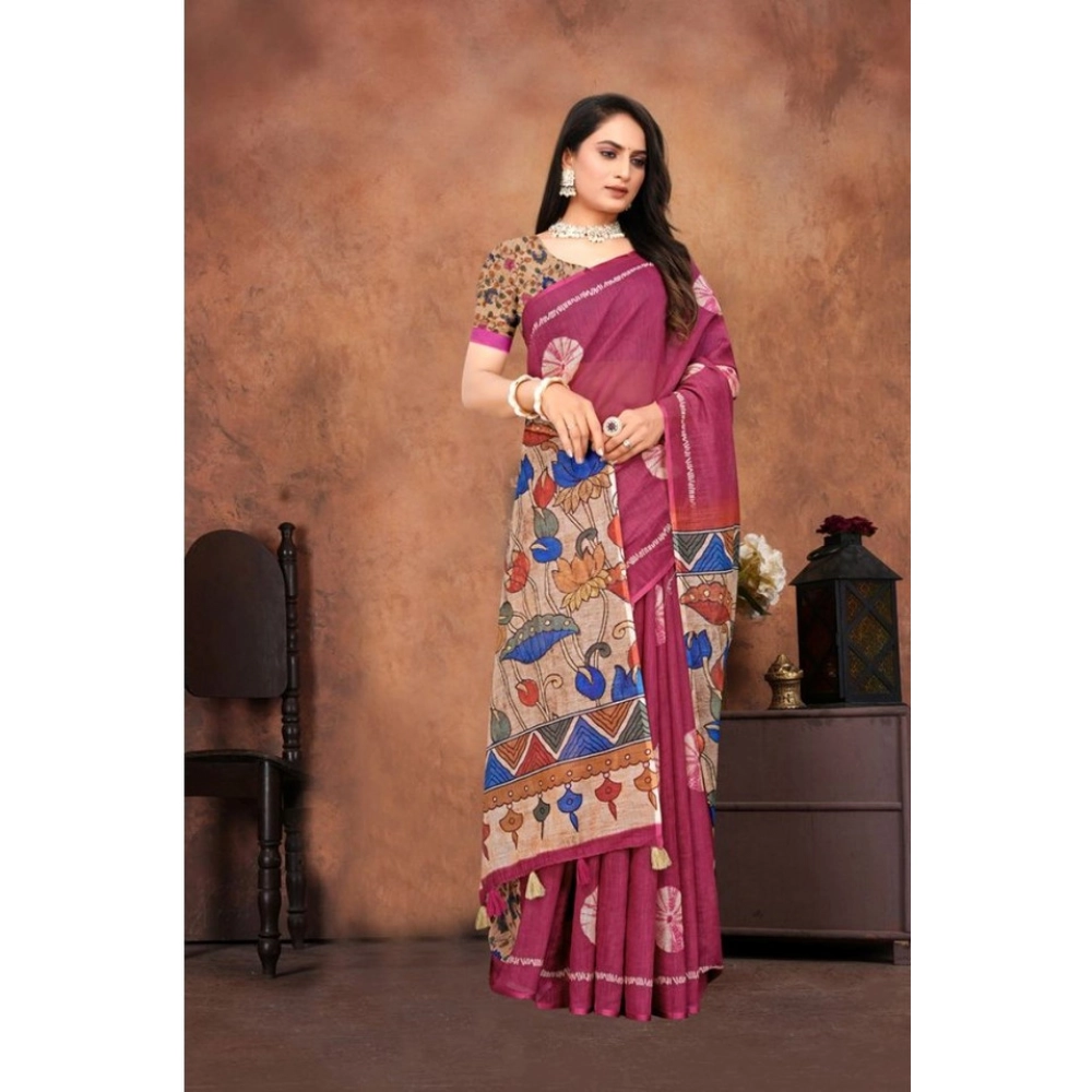 Women's Linen Printed Saree With Unstitched Blouse 5.5Mtr (Purple) - Image 3