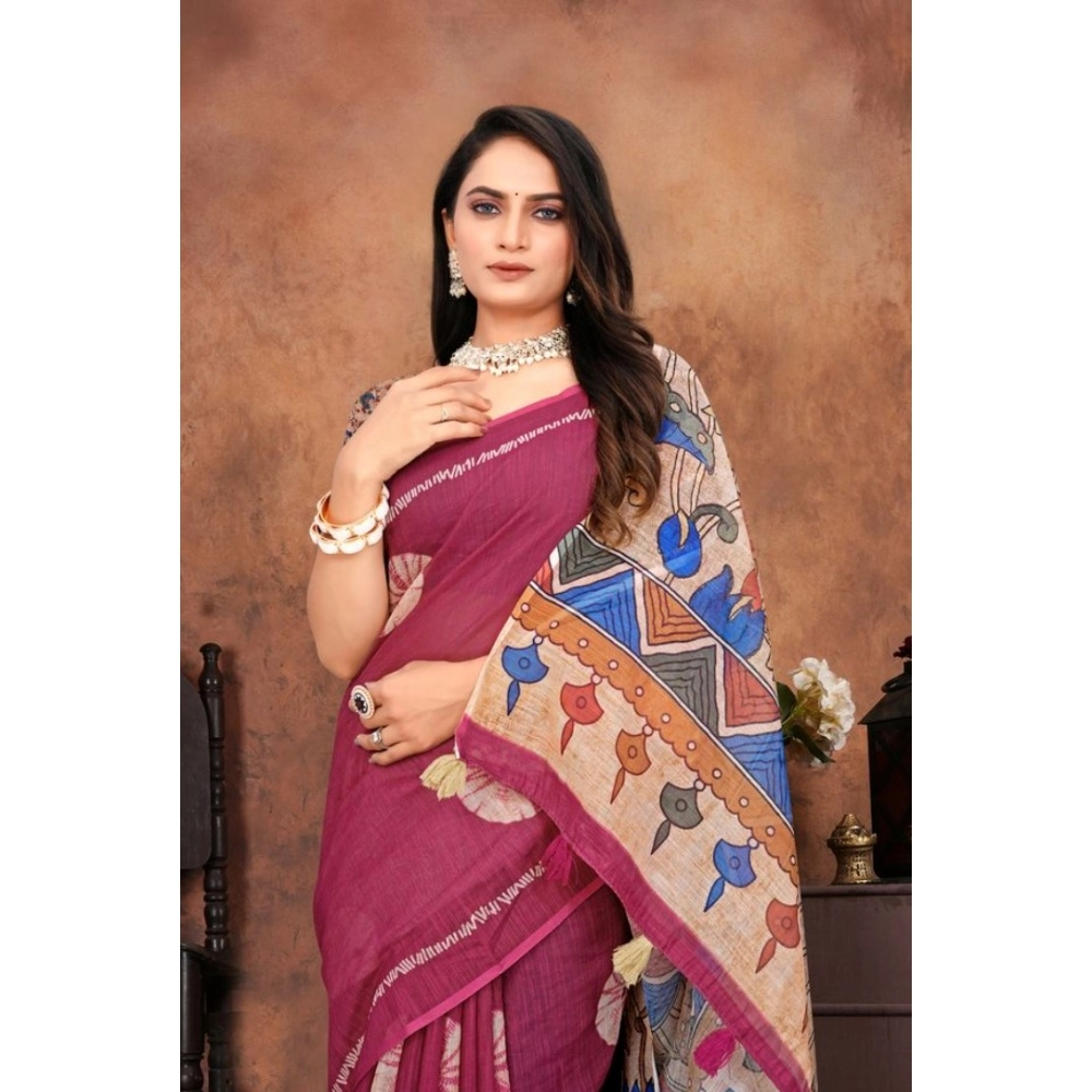 Women's Linen Printed Saree With Unstitched Blouse 5.5Mtr (Purple) - Image 4