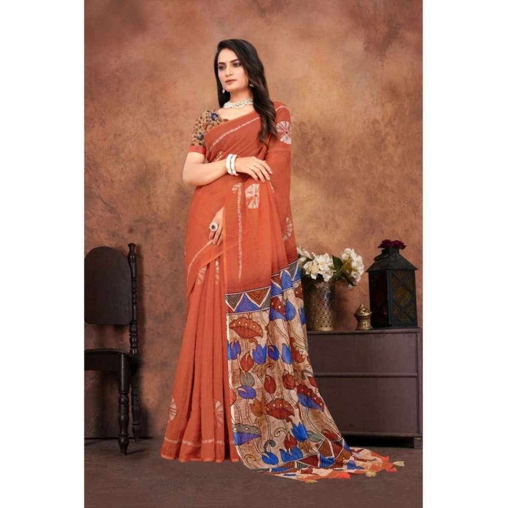 Women's Linen Printed Saree With Unstitched Blouse 5.5Mtr (Red) - Image 2