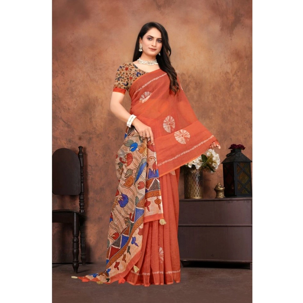Women's Linen Printed Saree With Unstitched Blouse 5.5Mtr (Red) - Image 3