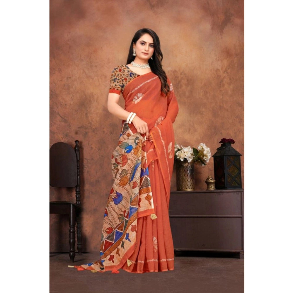 Women's Linen Printed Saree With Unstitched Blouse 5.5Mtr (Red) - Image 4