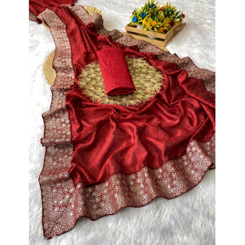 Women's Silk Embroidred Saree With Unstitched Blouse 5.5Mtr (Red)