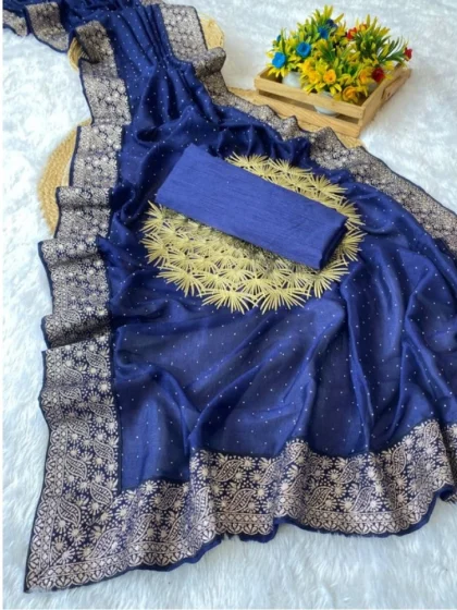 Women's Silk Embroidred Saree With Unstitched Blouse 5.5Mtr (Blue)