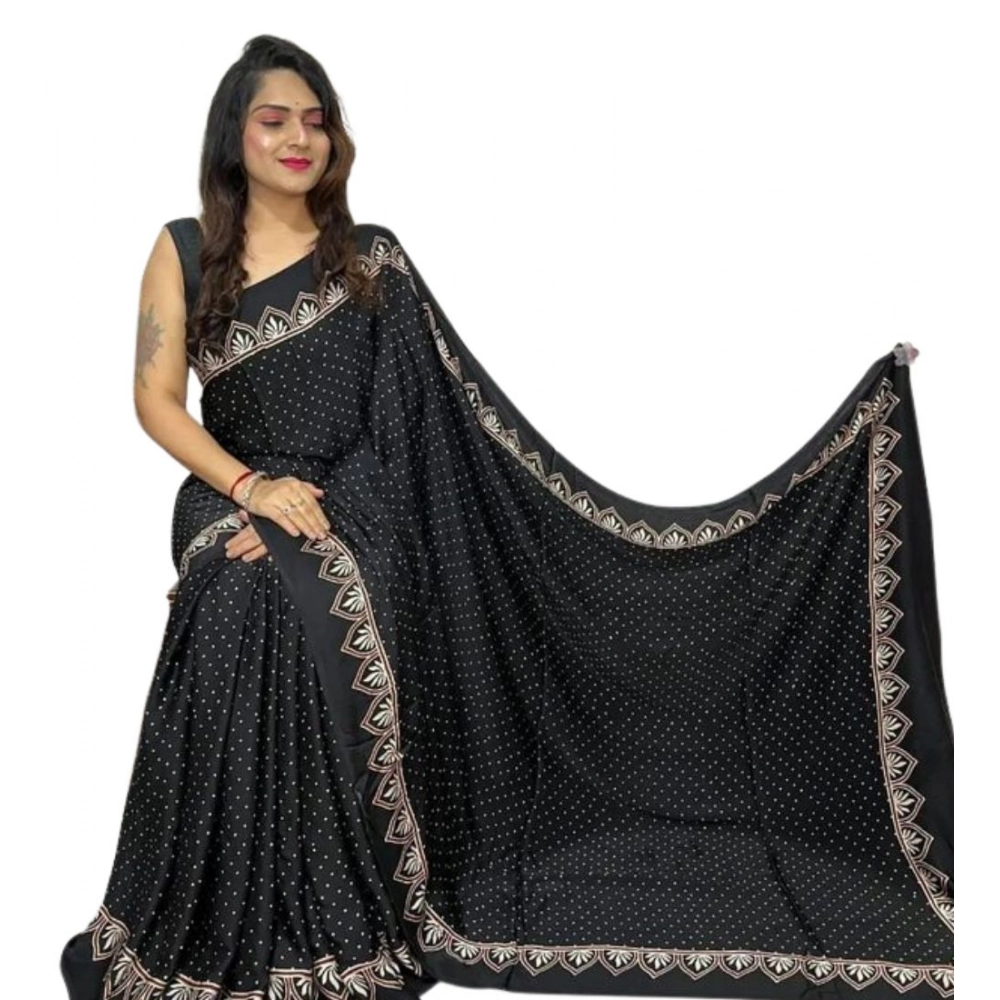Women's Satin Printed Saree With Unstitched Blouse 5.5Mtr (Black) - Image 2