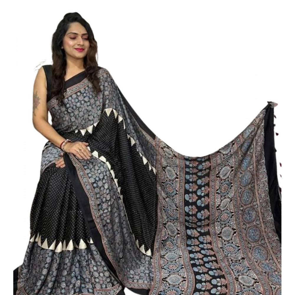 Women's Satin Printed Saree With Unstitched Blouse 5.5Mtr (Black) - Image 2