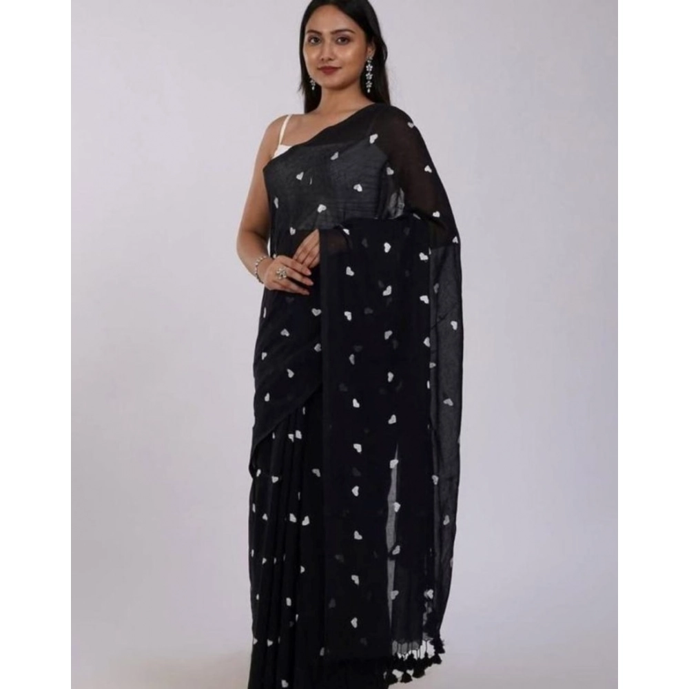 Women's Linen Printed Saree With Unstitched Blouse 5.5Mtr (Black)