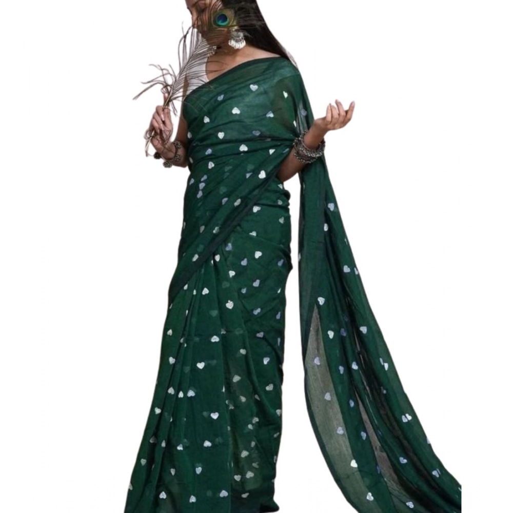 Women's Linen Printed Saree With Unstitched Blouse 5.5Mtr (Green) - Image 2