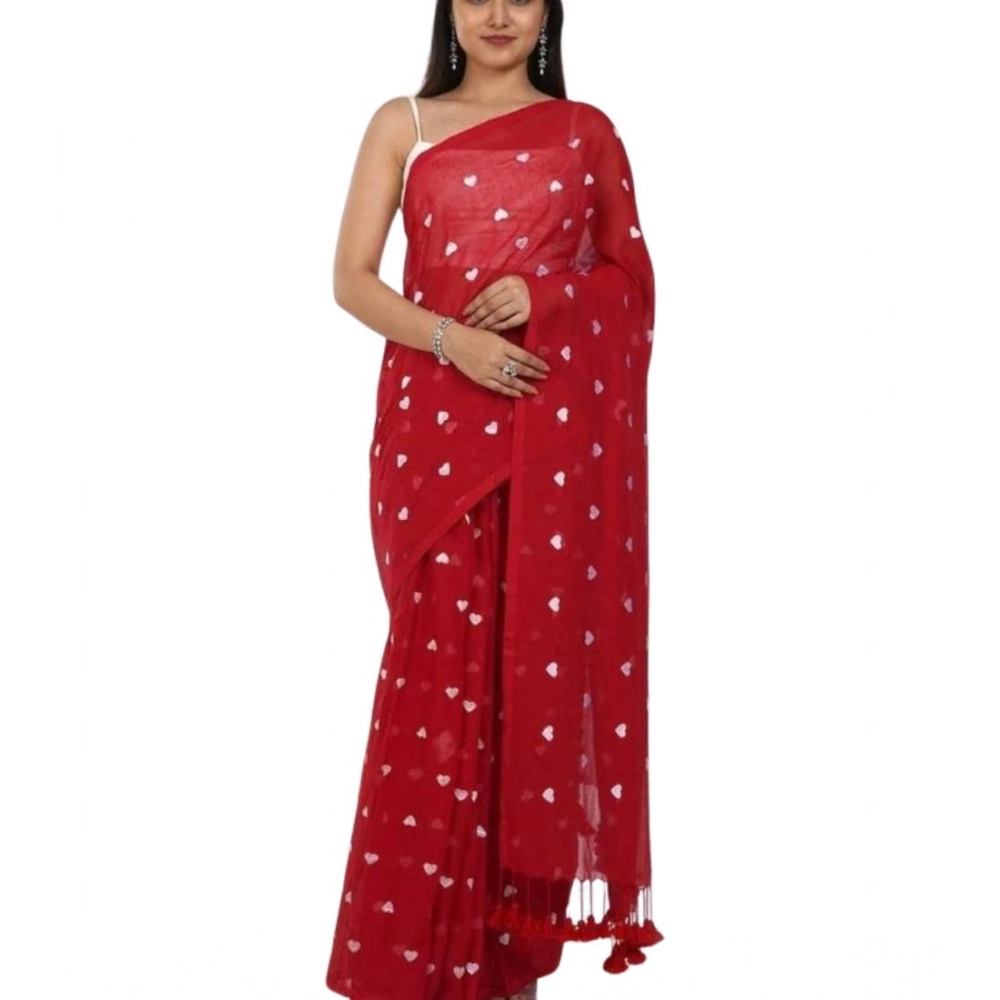 Women's Linen Printed Saree With Unstitched Blouse 5.5Mtr (Red) - Image 2