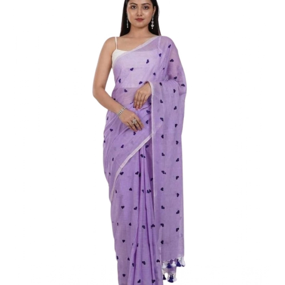 Women's Linen Printed Saree With Unstitched Blouse 5.5Mtr (Purple) - Image 2