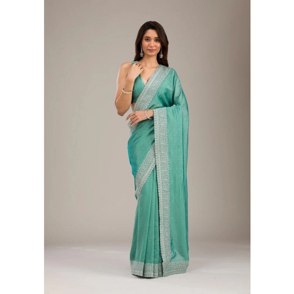 Women's Silk Embroidred Saree With Unstitched Blouse 5.5Mtr (Light Green)
