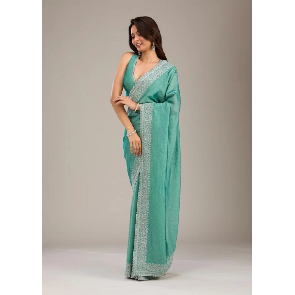 Women's Silk Embroidred Saree With Unstitched Blouse 5.5Mtr (Light Green) - Image 2