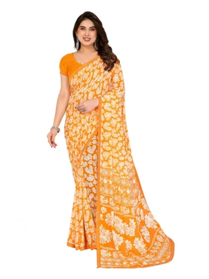 Women's Georgette Printed Saree With Unstitched Blouse 5.5Mtr (Yellow)