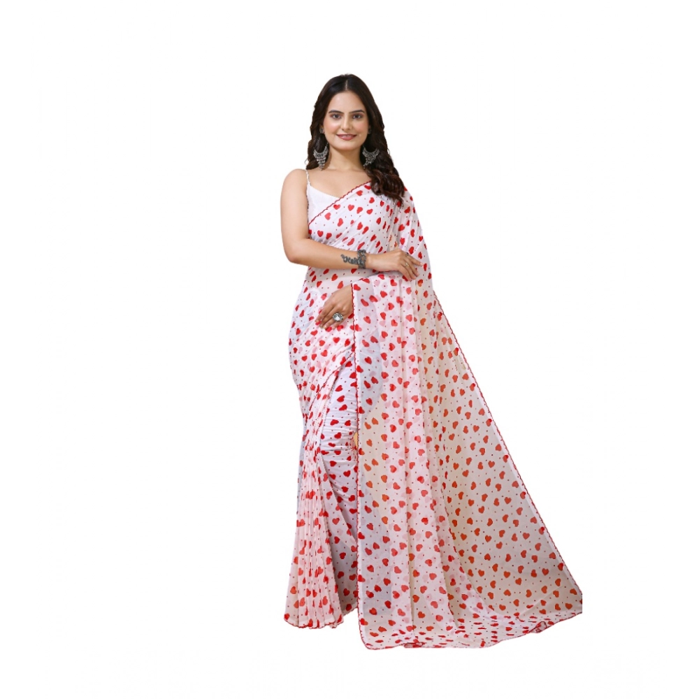 Women's Georgette Printed Saree With Unstitched Blouse 5.5Mtr (White-Red)