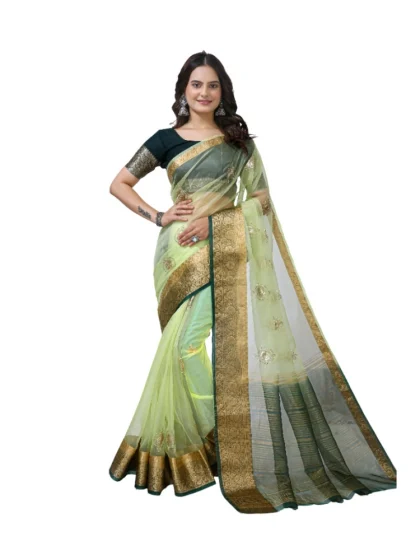 Women's Organza jacquard Embellished Saree With Unstitched Blouse 5.5Mtr (Light Green)