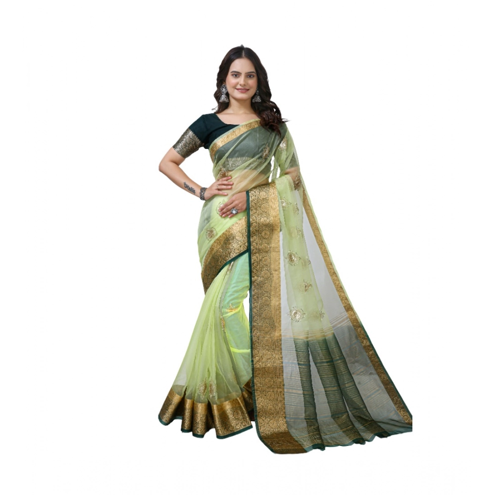 Women's Organza jacquard Embellished Saree With Unstitched Blouse 5.5Mtr (Light Green)