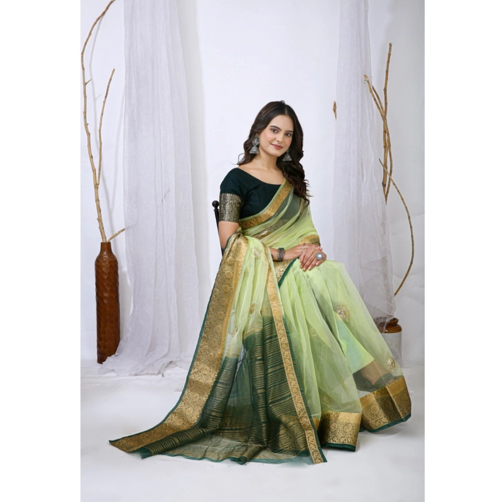 Women's Organza jacquard Embellished Saree With Unstitched Blouse 5.5Mtr (Light Green) - Image 4