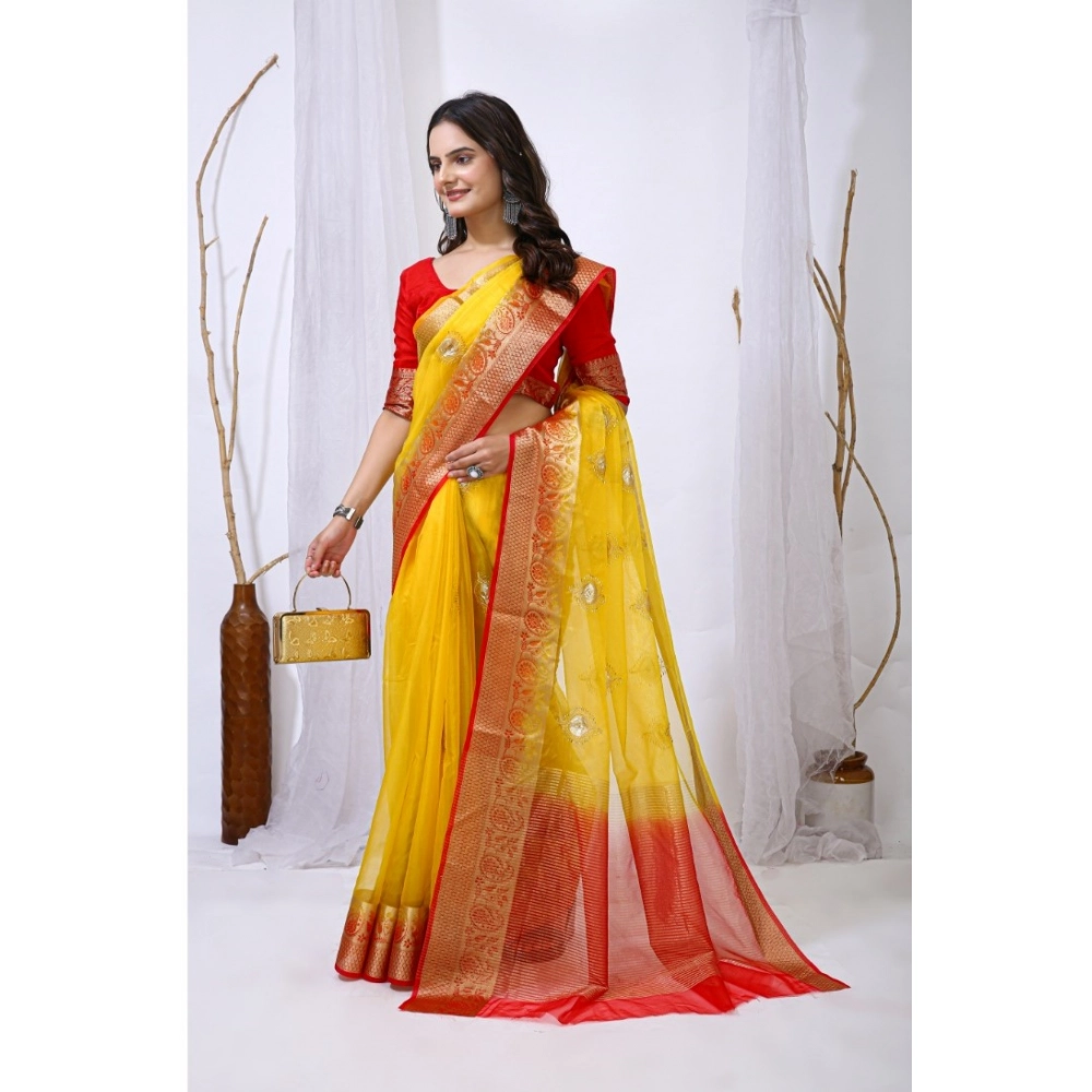 Women's Organza jacquard Embellished Saree With Unstitched Blouse 5.5Mtr (Yellow) - Image 4