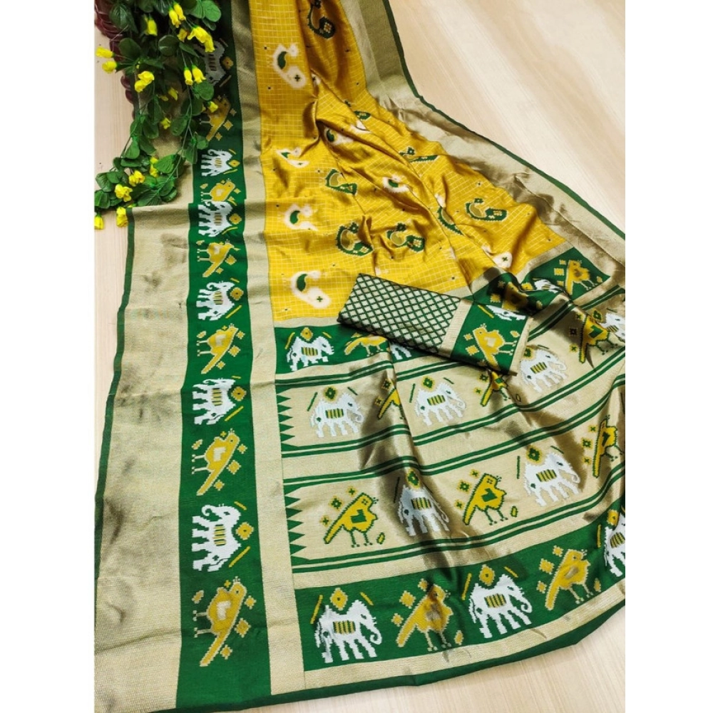 Women's Soft Litchi Silk Jacquard Work Saree With Unstitched Blouse 5.5Mtr (Yellow-Green) - Image 2